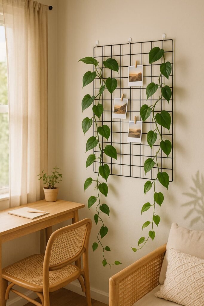 metal grid trellis hanging on wall with trailing plant and decor