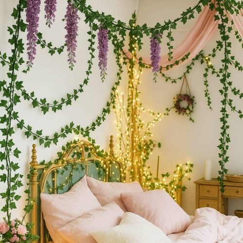 faux ivy garland in a whimsical bedroom with light pink bedding and natural light