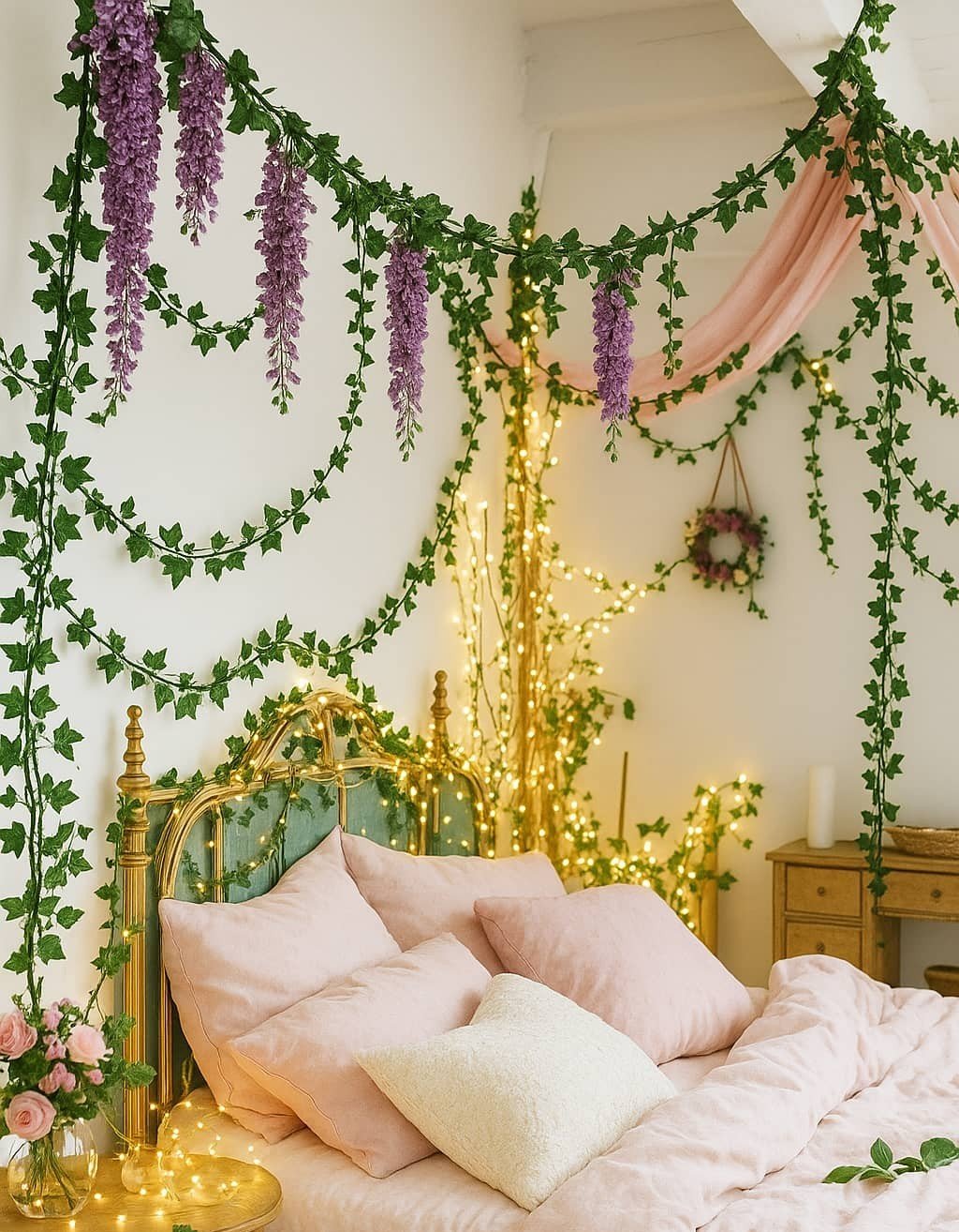 faux ivy garland faux ivy garland in a whimsical bedroom with light pink bedding and natural light