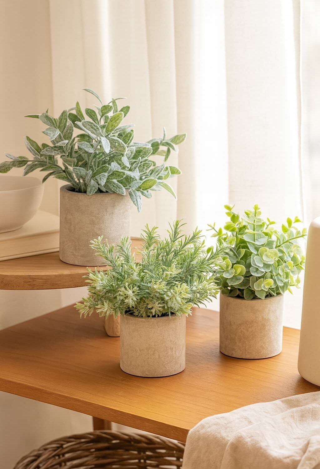 set of 3 small faux potted plants with soft green foliage in minimalist stone-textured pots