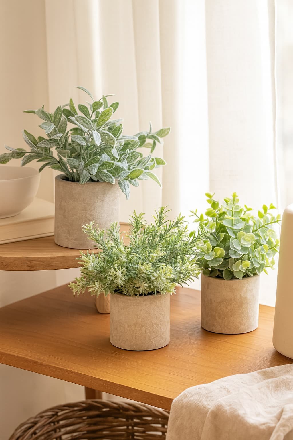 set of 3 small faux potted plants with soft green foliage in minimalist stone-textured pots set of 3 small faux potted plants with soft green foliage in minimalist stone-textured pots