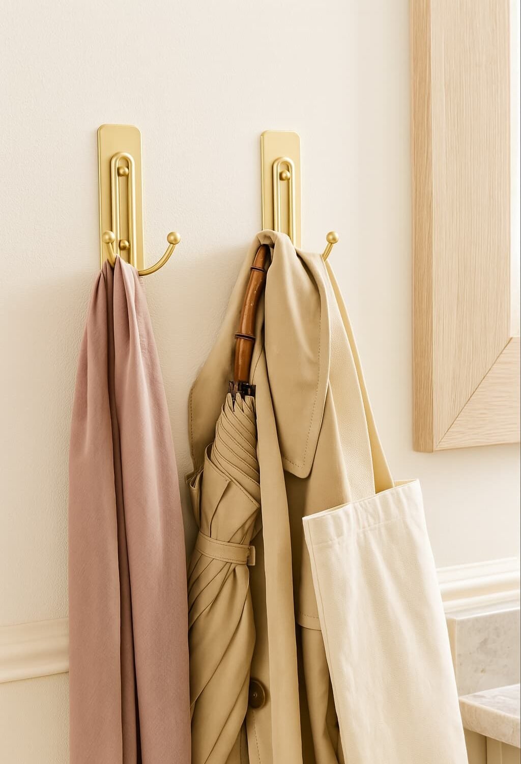 wall hooks. renter-friendly wall hanging solution using satin brass command hooks, featuring coats, tote bag and umbrella