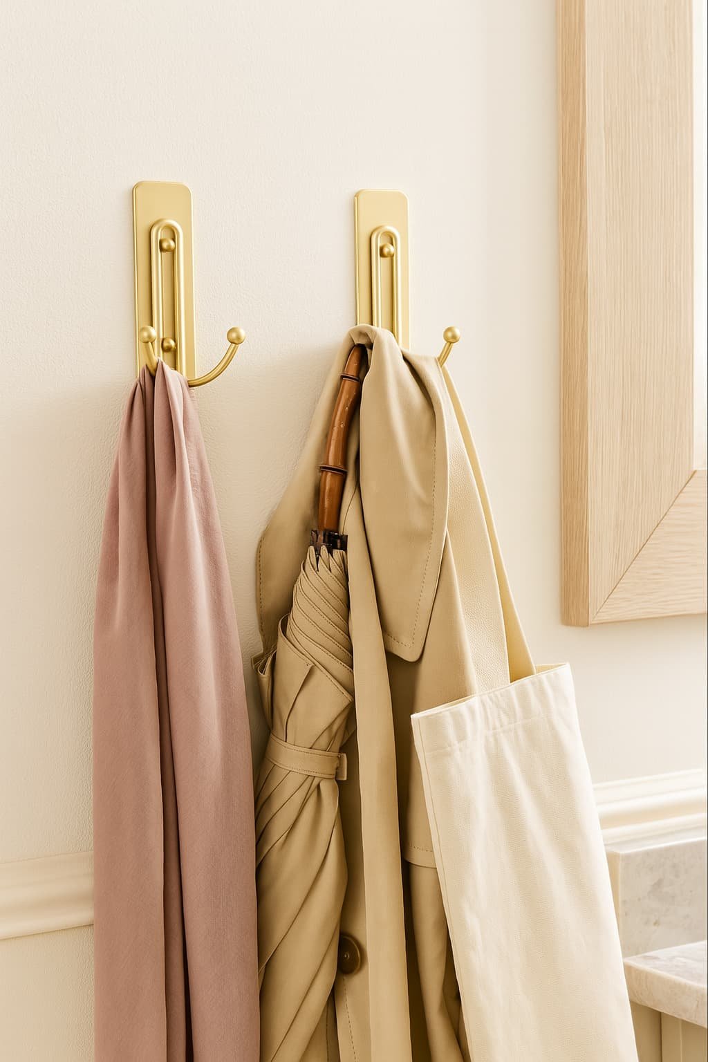 wall hooks. renter-friendly wall hanging solution using satin brass command hooks, featuring coats, tote bag and umbrella