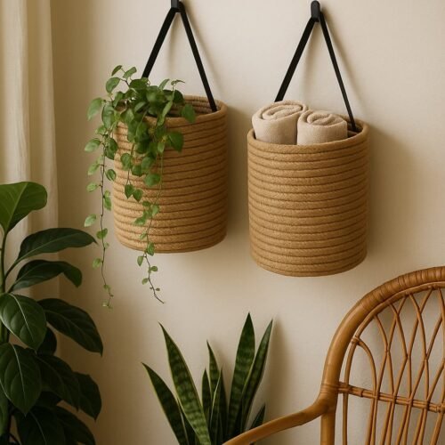 hanging plant baskets styled with boho accents in a small apartment
