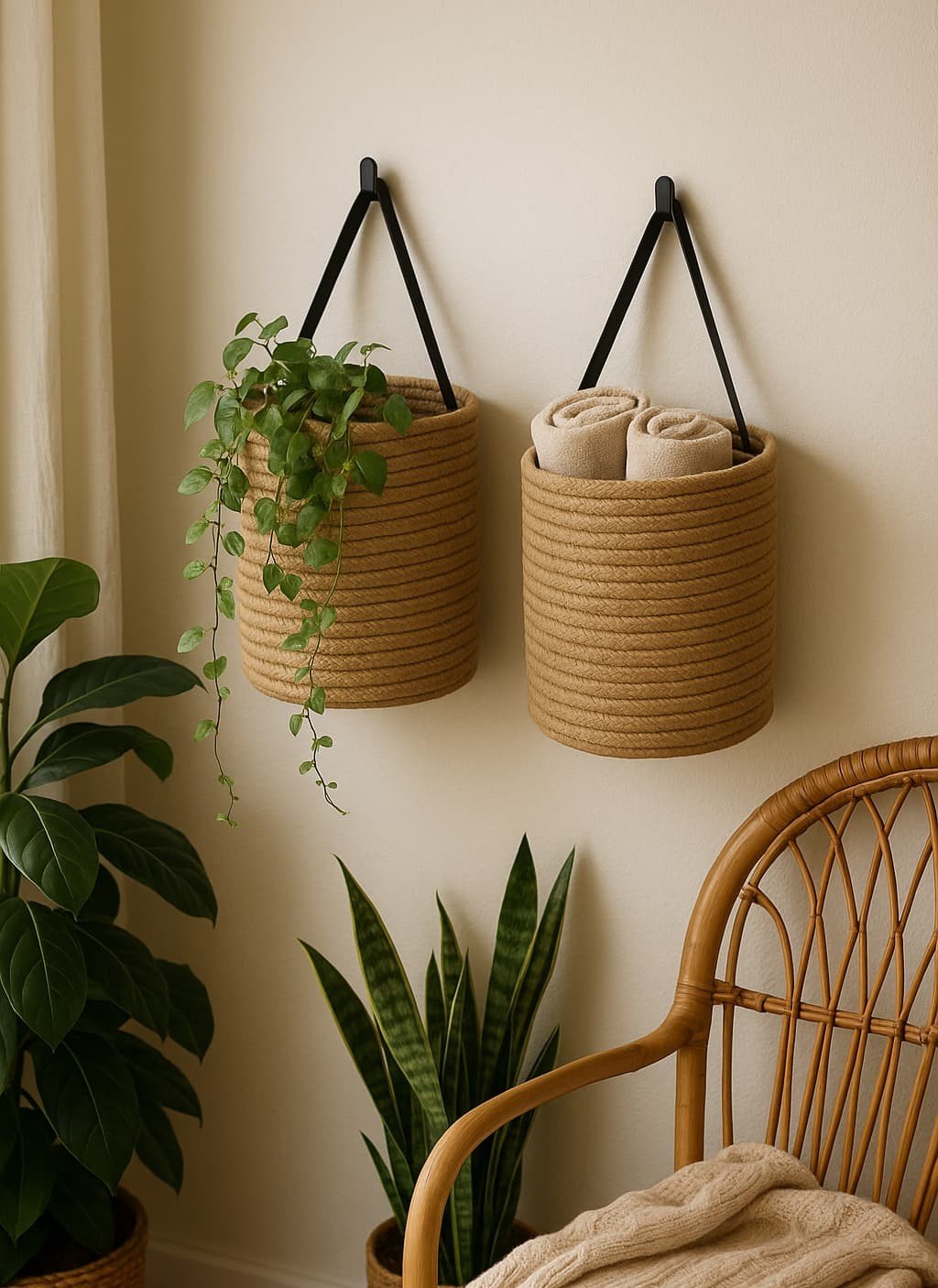 hanging plant baskets styled with boho accents in a small apartment hanging plant baskets styled with boho accents in a small apartment