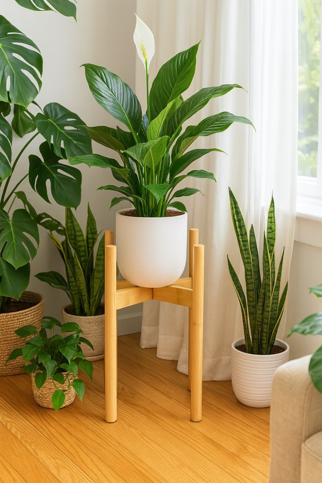 natural bamboo plant stand plant stand with lush indoor greenery such as Monstera, Snake Plant, and Pothos. a serene, stylish, and cozy apartment vibe. natural light is pouring in from large windows with soft-filtered curtains.