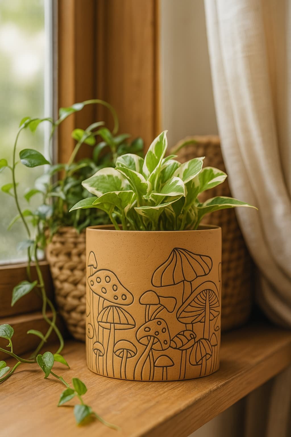 Mushroom-etched Planter with Pothos Vines Whimsical Terracotta-Style Boho Mushroom Planter || 4.5” Decorative Pot for Small Plants or Cuttings