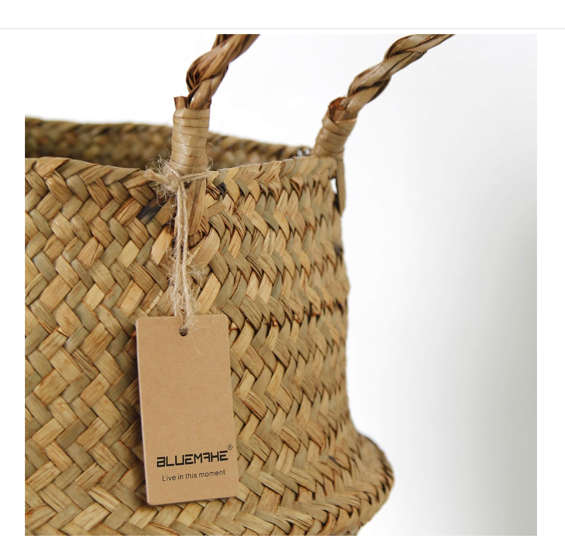 BlueMake Woven Seagrass Belly Basket for Storage Plant Pot Basket and Laundry, Picnic and Grocery Basket