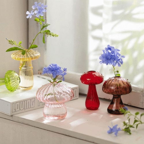 Glasseam Mushroom Flower Vase, Cute Colored Glass Vase Set of 5, Unique Bud Small Vase for Flowers, Aesthetic Decorative Vases for Home Decor, Hydroponic Plant Vase Indoor for Dining Room
