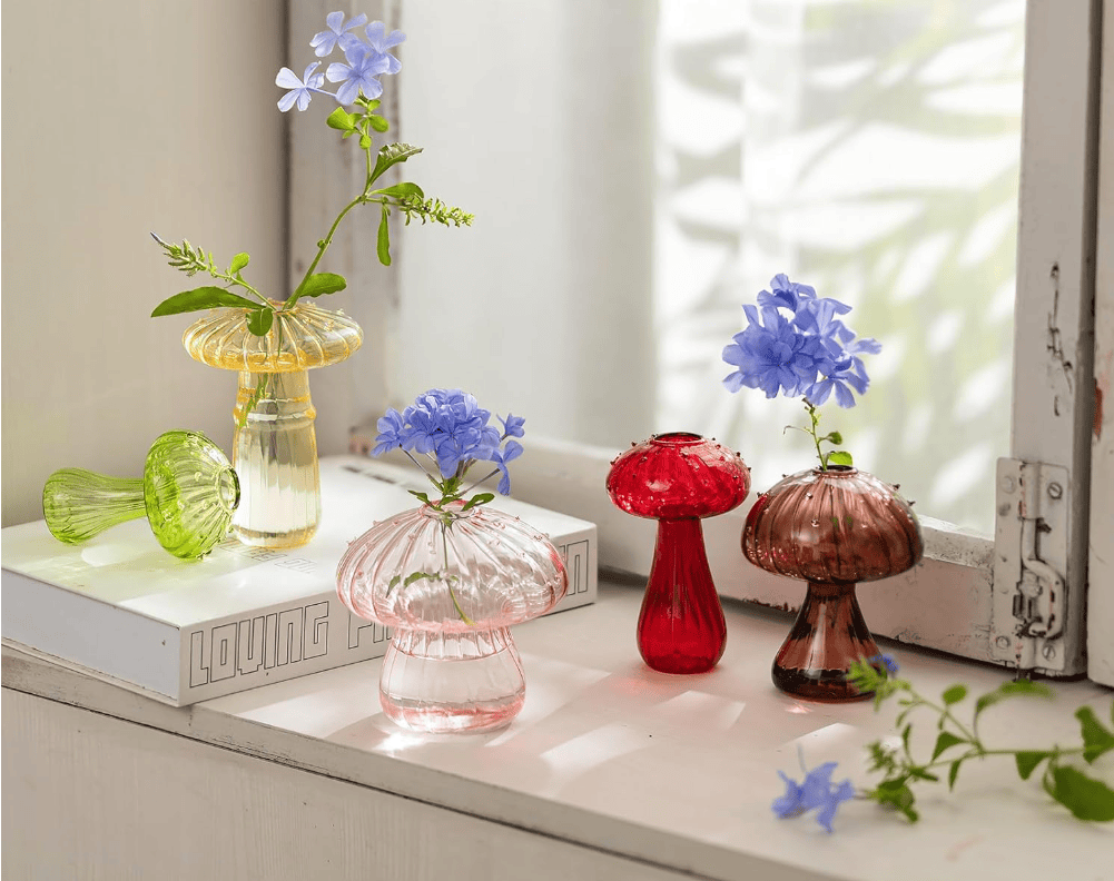 Glasseam Mushroom Flower Vase, Cute Colored Glass Vase Set of 5, Unique Bud Small Vase for Flowers, Aesthetic Decorative Vases for Home Decor, Hydroponic Plant Vase Indoor for Dining Room