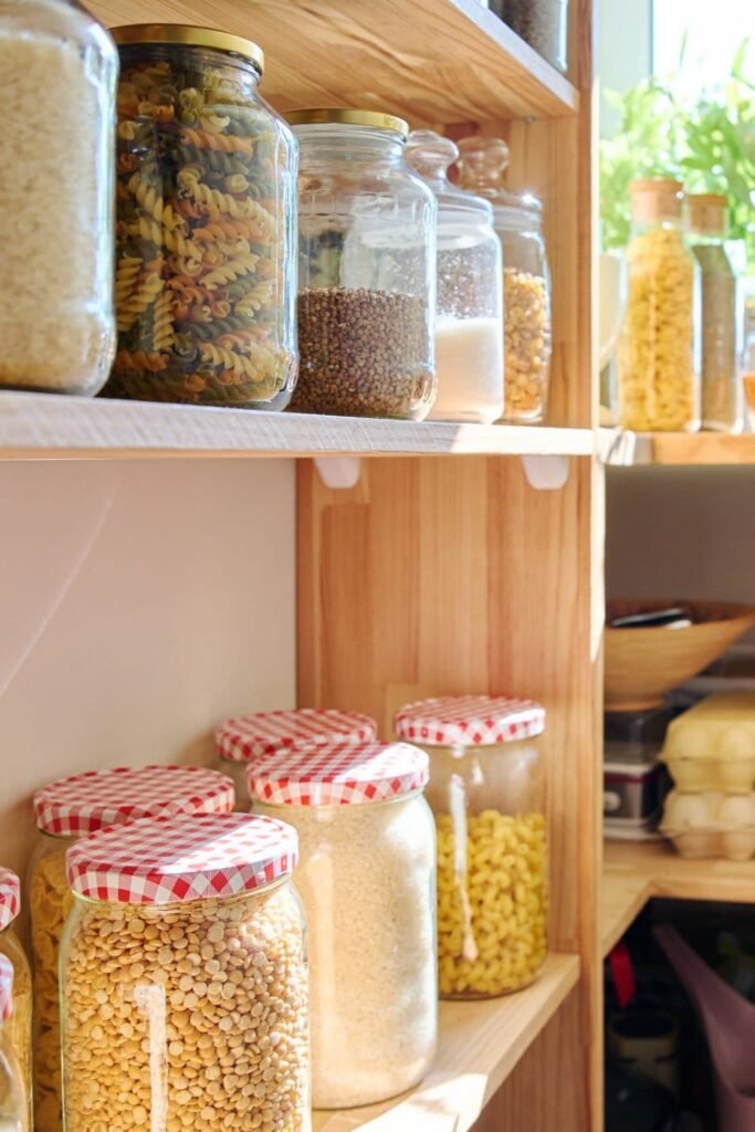 A small apartment kitchen with pull-out pantry shelves, compact appliances, and organized storage maximizing space.