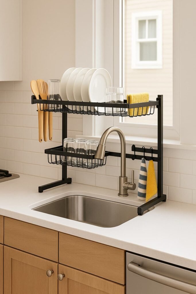 A small apartment kitchen with a single deep basin sink, compact countertops, shelves, and cabinets arranged to maximize space.