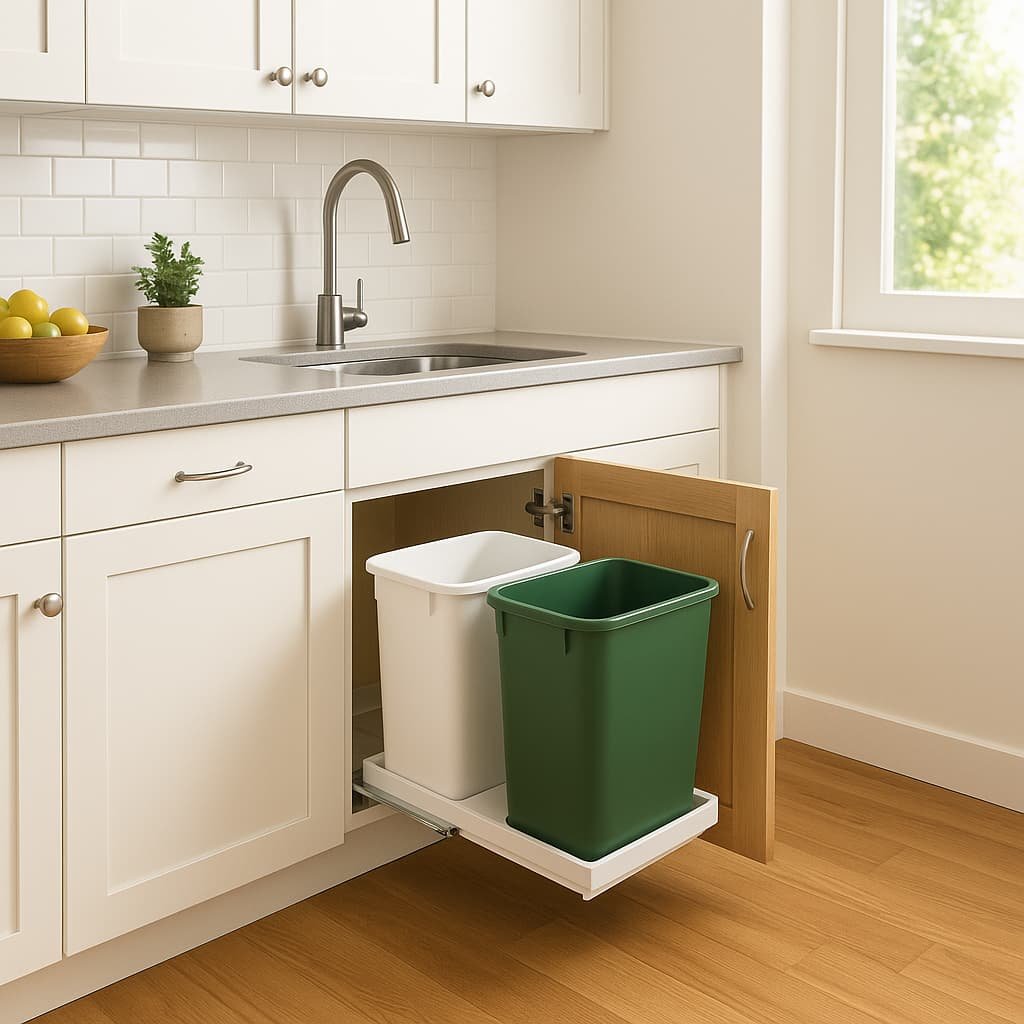 A small apartment kitchen with pull-out trash and recycling bins integrated into the cabinetry, a compact layout with a sink, stove, and open shelves.