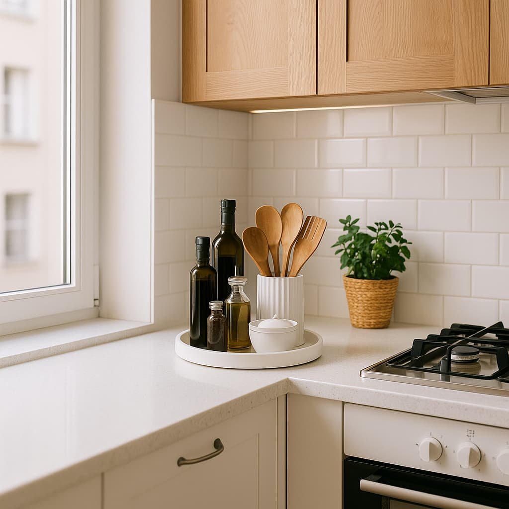 small apartment kitchen with space saving countertop decor