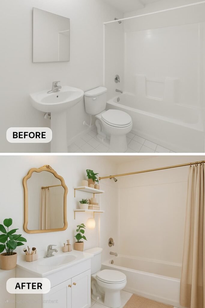 Before and after of a modern small apartment bathroom transformation. The "before" shows a plain, all-white bathroom with no decor, while the "after" reveals a stylish upgrade featuring chic white and gold floating shelves, beige and gold towel accents, indoor plants, a gold-framed mirror, and renter-friendly space-saving storage. The design blends modern small bathroom decor ideas with quiet luxury and biophilic inspiration, ideal for small beige bathrooms in apartments. Perfect for those seeking chic, modern small bathroom design ideas for black and white or beige spaces.