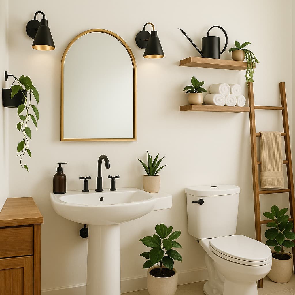Modern small apartment bathroom featuring a stylish mix of matte black and brushed gold fixtures. Design elements include a white pedestal sink with matte black faucet, a gold-framed arched mirror, matte black sconces, natural wood shelves, and a wooden towel ladder. Green potted plants and rolled towels add a fresh, biophilic touch. A perfect example of modern small bathroom design ideas with black and white contrast, wood accents, and chic modern luxury decor—ideal for small beige bathroom ideas and apartment inspiration.
