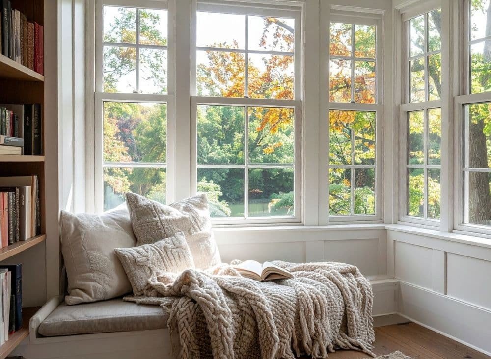 reading nook ideas for small spaces includes this cozy window seat by a window with a bookshelf