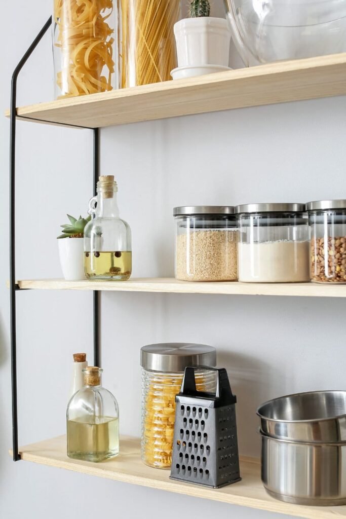 A small apartment kitchen with tall cabinets extending to the ceiling, neat countertops, built-in appliances, and natural light coming through a window.