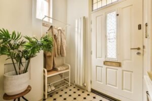 Bright small entryway with a potted plant, coat rack, and cozy neutral decor creating a welcoming and functional space.