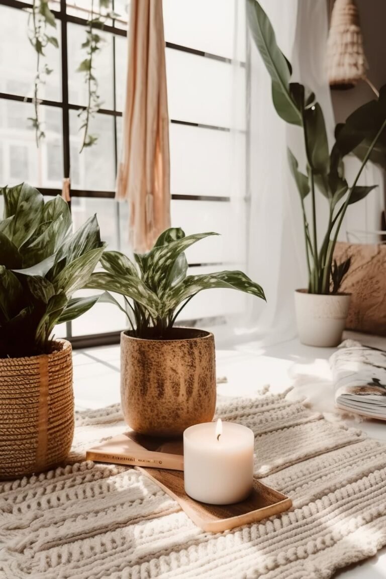 Cozy warm apartment aesthetic with woven baskets, potted plants, and candles on a textured table runner.