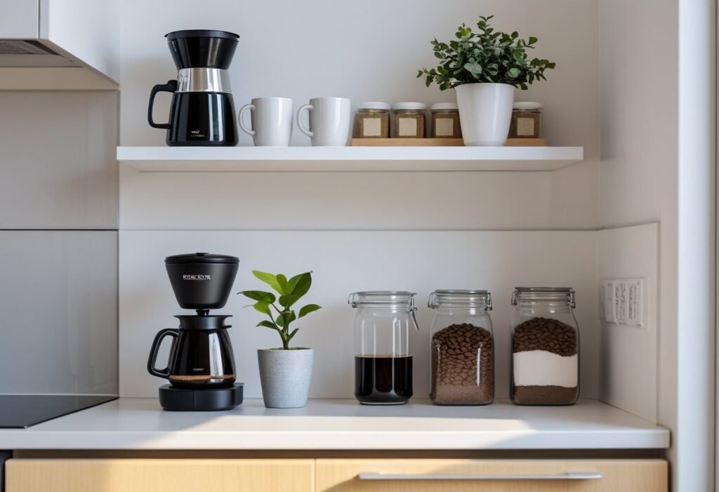 A small apartment coffee corner with a wall-mounted floating shelf holding a coffee maker and coffee essentials above a clear countertop.