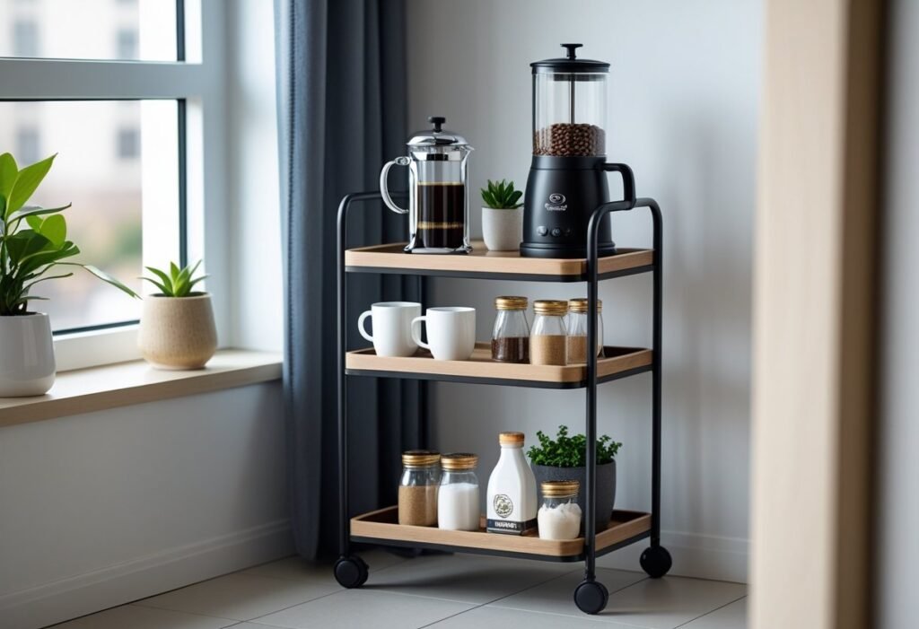 A compact multi-level bar cart organized with coffee supplies in a small apartment corner.