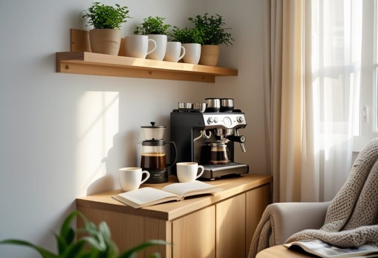 A small apartment coffee corner with a wall-mounted floating shelf holding a coffee maker and coffee essentials above a clear countertop.