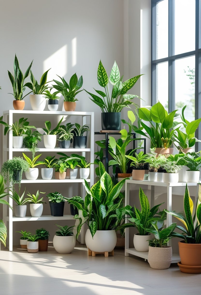 A collection of various healthy indoor plants arranged in a bright living room with natural light.