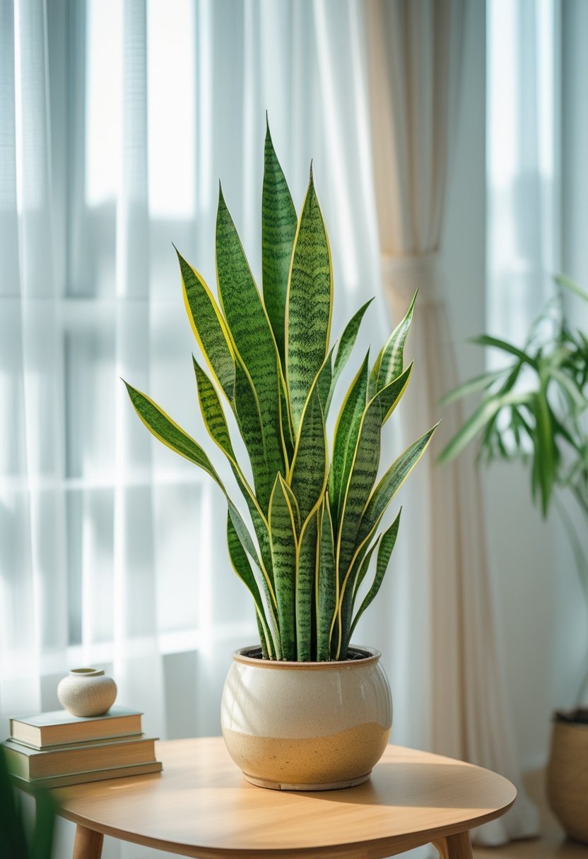 A healthy Snake Plant in a ceramic pot on a wooden table near a window with natural light, surrounded by minimal home decor.