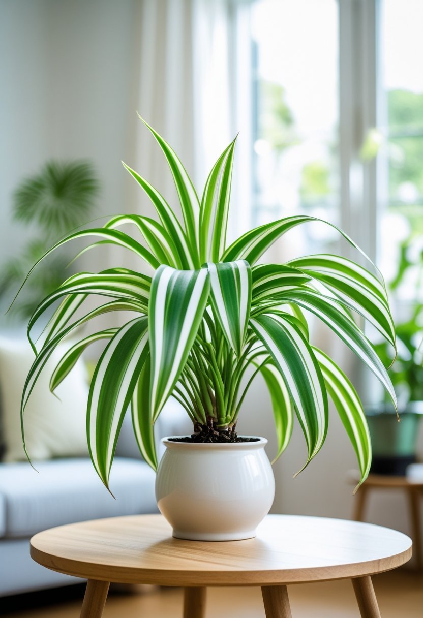 A Spider Plant with long green and white striped leaves in a white pot on a wooden table inside a bright living room.