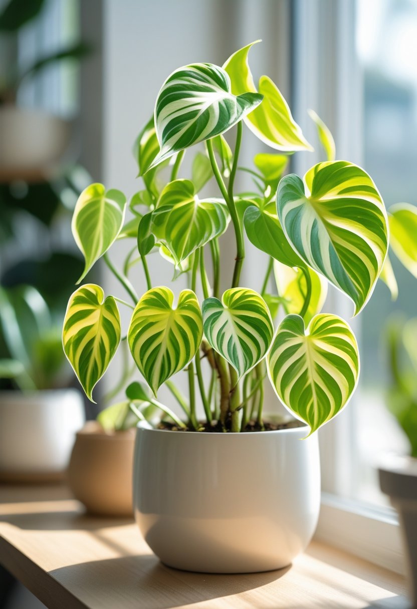 A healthy Pothos plant with green and yellow leaves in a white pot on a wooden surface near a bright window indoors.
