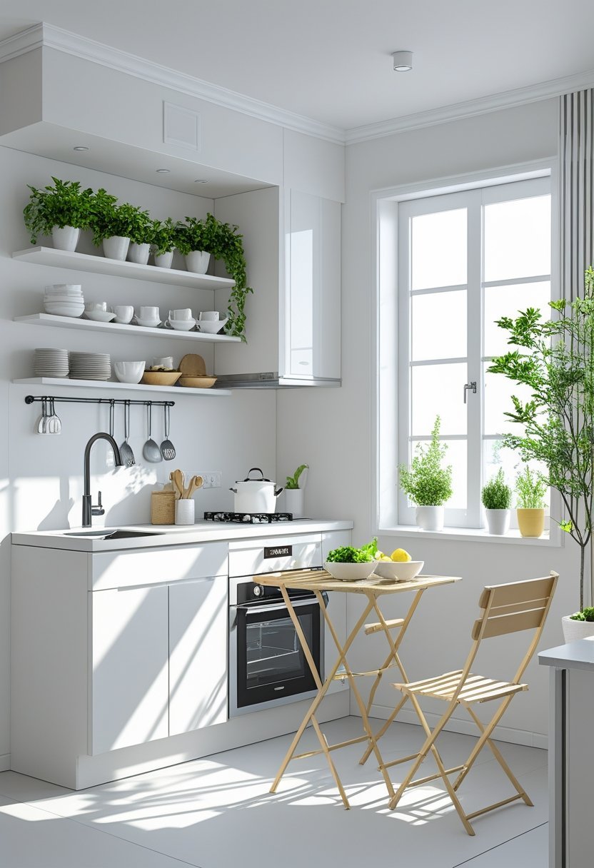 A small apartment kitchen with white cabinets, open shelves, a foldable dining table, and natural light coming through a window.
