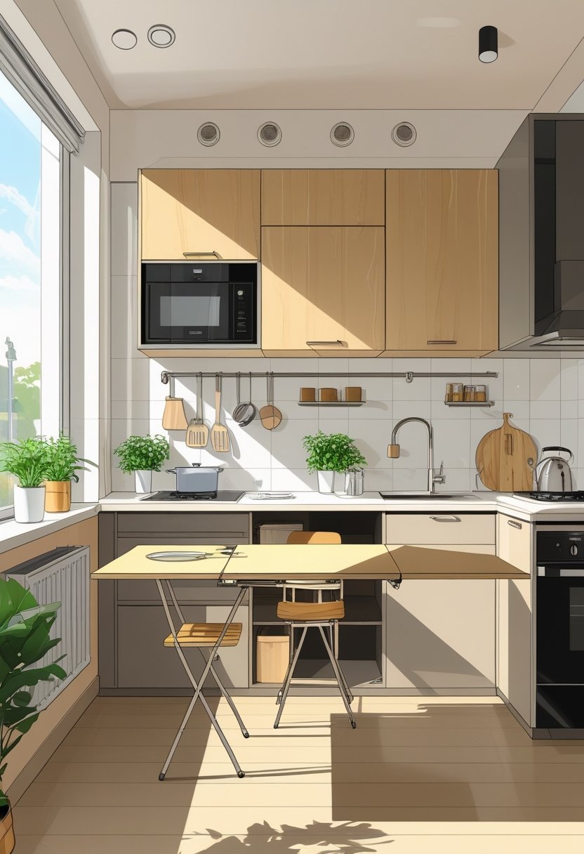 A small apartment kitchen with a fold-down dining table attached to the wall, surrounded by compact cabinets, appliances, and storage solutions.