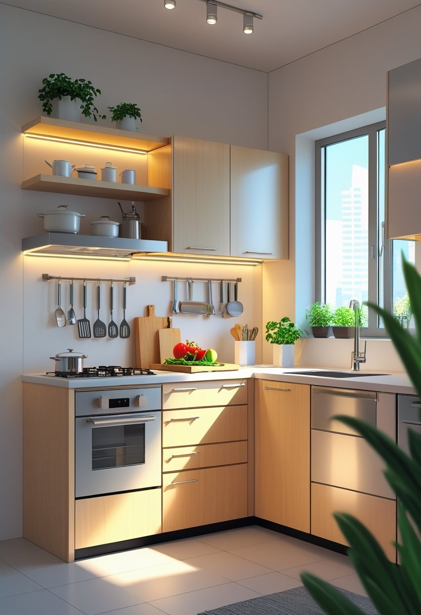 A small apartment kitchen with under-cabinet lighting illuminating the countertop, featuring cabinets, appliances, and kitchen tools.
