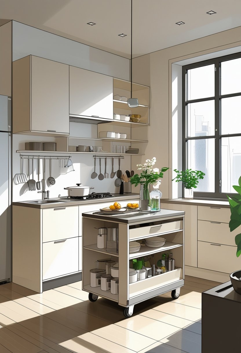 A small apartment kitchen with a rolling kitchen island that has built-in storage, surrounded by cabinets and appliances.