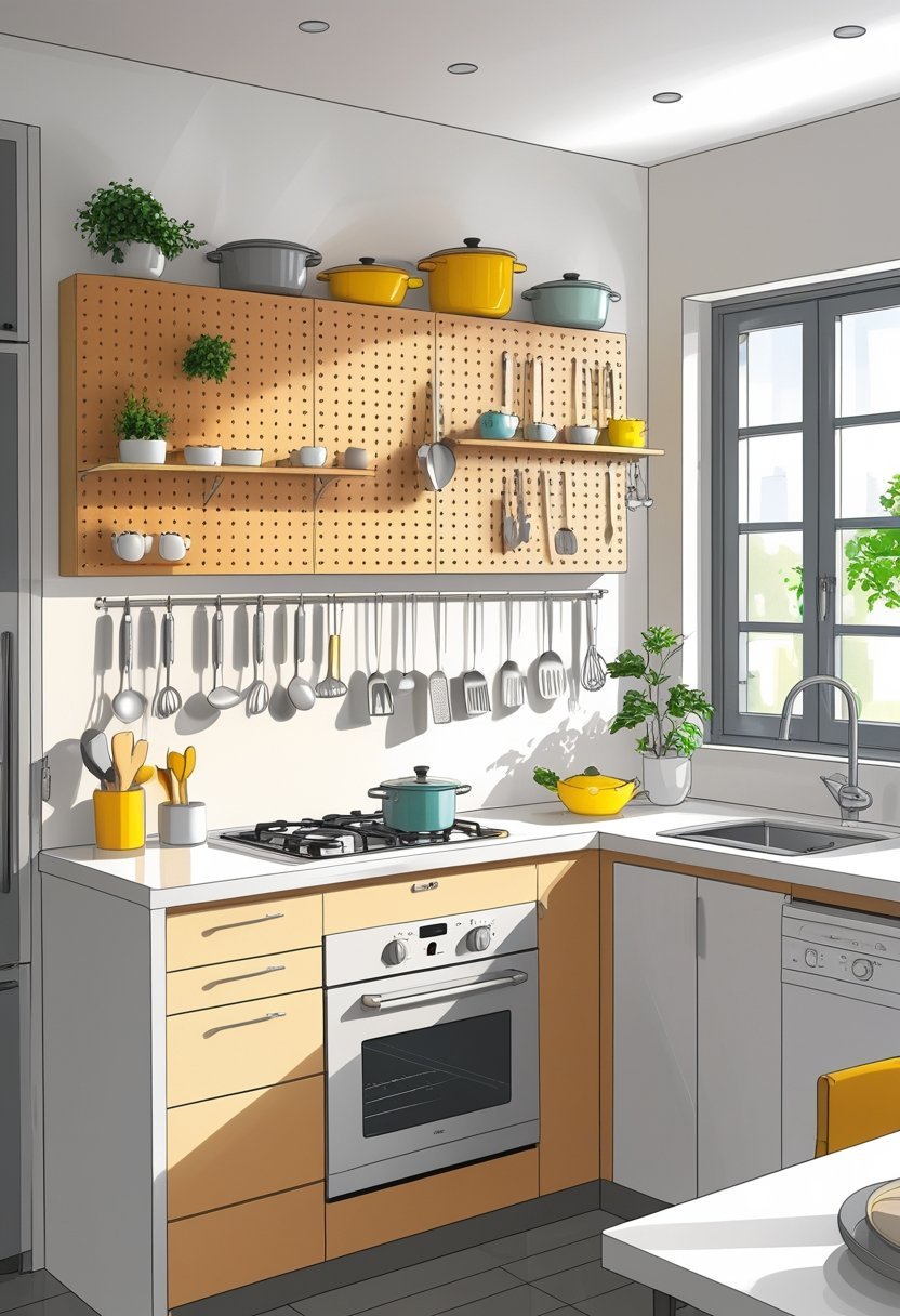 A small apartment kitchen with a pegboard on the wall holding various hanging utensils above the countertop.
